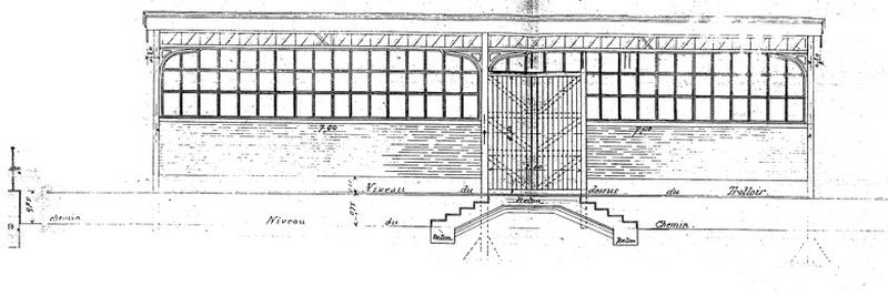 Gare de Juvisy-voyageurs (2e gare) : abri pour voyageurs sur le 3e quai P.L.M. : pallier extérieur au niveau du trottoir, élévation extérieure : document non signé, daté du 25 juin 1906.