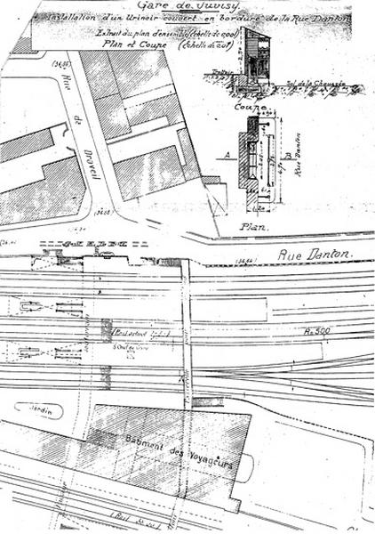 Gare de Juvisy-voyageurs (2e gare) : installation d'un urinoir couvert en bordure de la rue Danton : document non signé, daté du 31 octobre 1911.