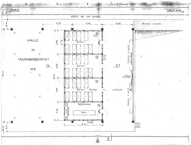 Gare de Juvisy-triage :aménagement d'un dortoir provisoire pour chauffeurs et mécaniciens sous la halle de transbordement n°1pour répondre à l'accroissement du trafic de guerre : plan, coupe, élévation : document non signé, daté du 31 août 1917.