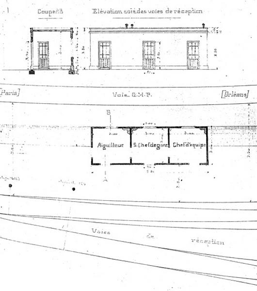 gare de Juvisy-triage : bâtiment pour l'aiguilleur du poste F et pour les chefs du service de la distribution nord : plan de détail, élévation et coupe transversale : document non signé, daté du 29 novembre 1909.