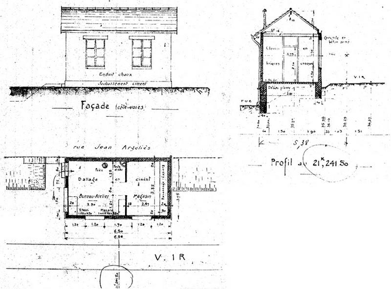 Gare de Juvisy-triage : local pour contrôleurs de la ligne de Villeneuve-Saint-Georges à Montargis par Juvisy et Corbeil, réseau P.L.M. : élévation latérale, coupe transversale, plan au sol : document non signé, daté du 21 octobre 1925.