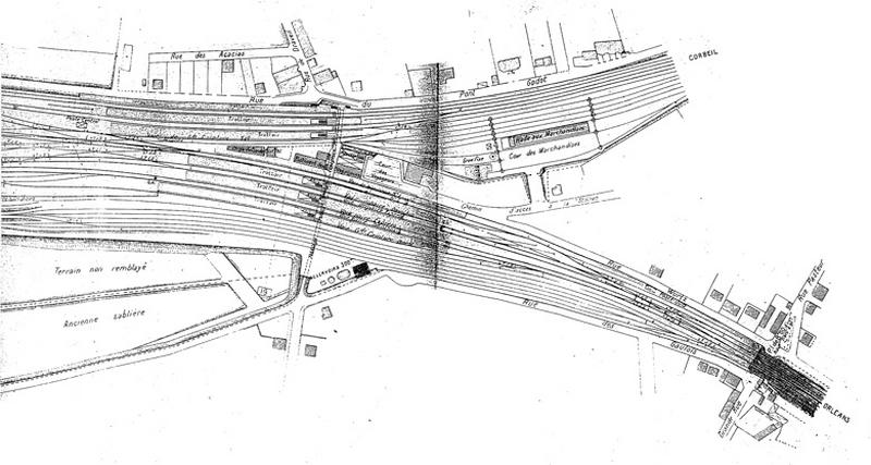 La gare et ses voies ferrées (Juvisy-voyageurs) : plan des limites de communauté suite au doublement des voies principales du réseau P.O. entre Paris et la bifurcation de Vendôme près de Brétigny : document non signé, non daté (vers 1907).