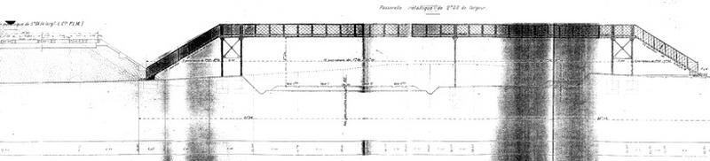 Gare de Juvisy-voyageurs (1e gare) : passerelle métallique projetée au-dessus des voies, face à l'avenue de Seine : projet non signé, daté du 11 août 1903.