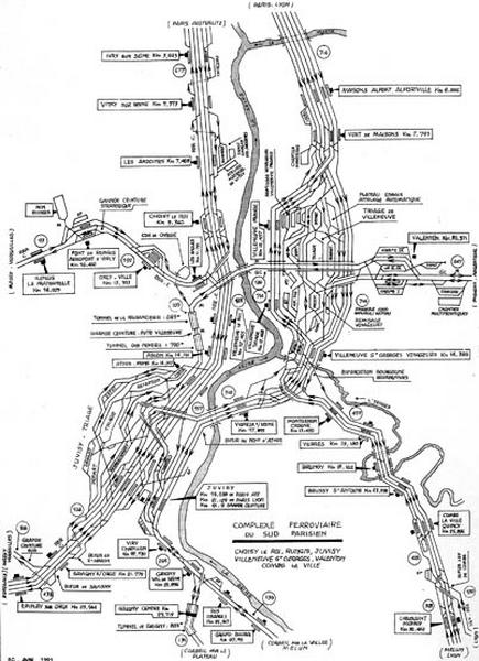 Carte des réseaux et de leurs interconnexions au sud de Paris vers 1991.