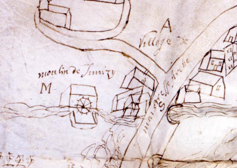 Détail représentant le moulin, du plan cavalier de Juvisy, Athis-Mons et Viry-Châtillon dessiné à la plume sur parchemin entre 1556 et 1625.