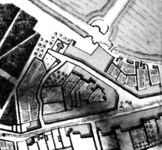 Plan de situation de l'emplacement au XVIIIe siècle de la croix monumentale, au carrefour de la Grande Rue et de l'impasse de l'église (future rue du Dr Vinot) : détail de l'Atlas de Trudaine et de Perronnet, vers 1785.