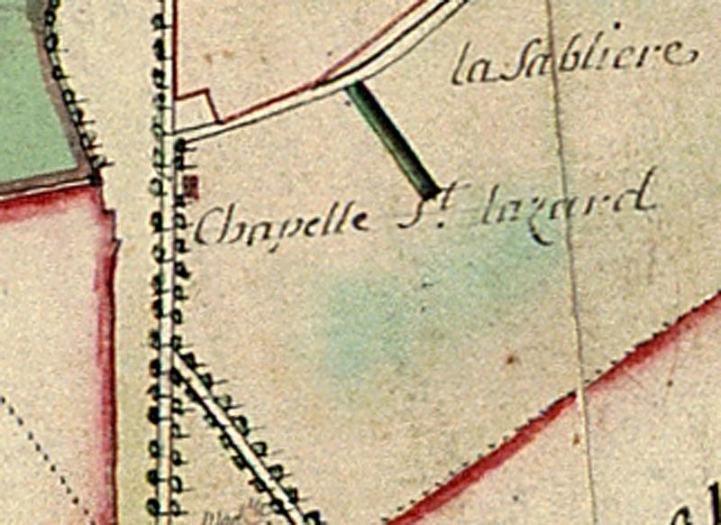 L'emplacement de la chapelle Saint-Lazare de l'ancienne maladrerie d'après le Plan d'Intendance dressé en 1785.