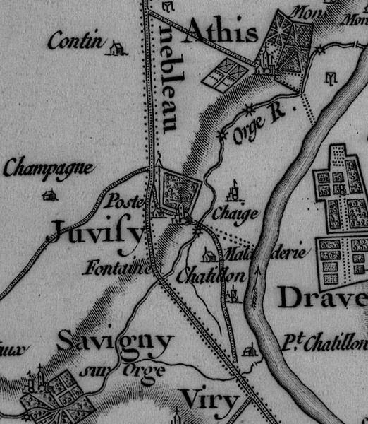 Carte de Cassini, extrait de la feuille n°1 : détail de Juvisy-sur-Orge, vers 1750.