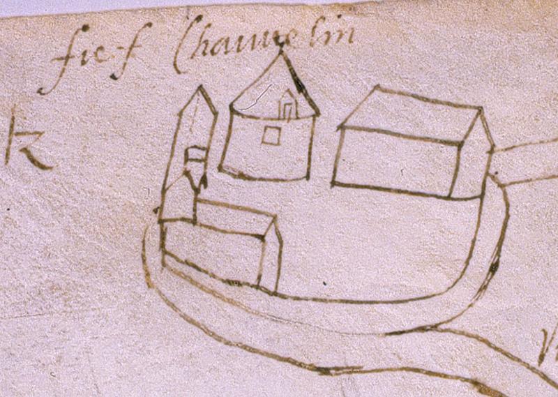 Détail d'un plan cavalier de Juvisy, d'Athis-Mons et d'une partie de Viry-Chatillon, dessin à la plume sur parchemin non signé non daté (entre 1556 et 1625) montrant le fief Chauvelin, c'est-à-dire la ferme de Fromenteau.