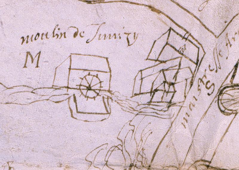 Détail d'un plan cavalier de Juvisy, d'Athis-Mons et d'une partie de Viry-Chatillon, dessin à la plume sur parchemin non signé non daté (entre 1556 et 1625), montrant le moulin de Juvisy.