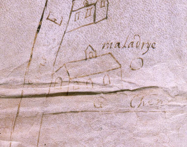 Détail d'un plan cavalier de Juvisy, d'Athis-Mons et d'une partie de Viry-Chatillon, dessin à la plume sur parchemin non signé non daté (entre 1556 et 1625) montrant la chapelle de la maladrerie.