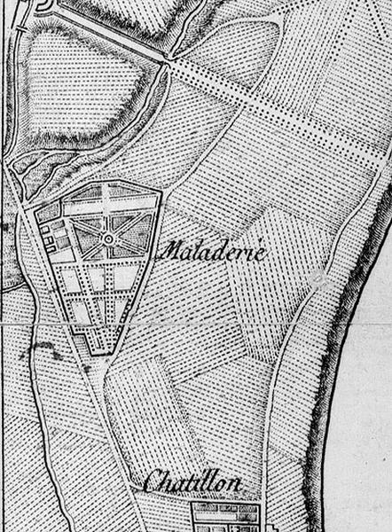 Extrait de la Carte topographique de la forêt de Sénart, dressée par dom G. Coutans vers 1786, correspondant aux territoires de Juvisy, de (Viry)-Châtillon et de Draveil : détail de l'enclos de la maladrerie.