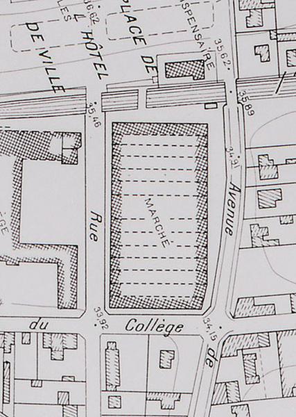 Plan topographique de Juvisy dressé par L. Poussin en 1945 : détail du plan correspondant au marché-halle.