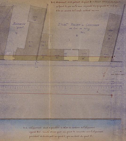 Plan des bâtiments de l'entreprise Poliet et Chausson en bord de Seine levé à l'occasion du projet d'aménagement du quai de l'industrie ancien chemin de halage - en voie routière, le C.D. 25.