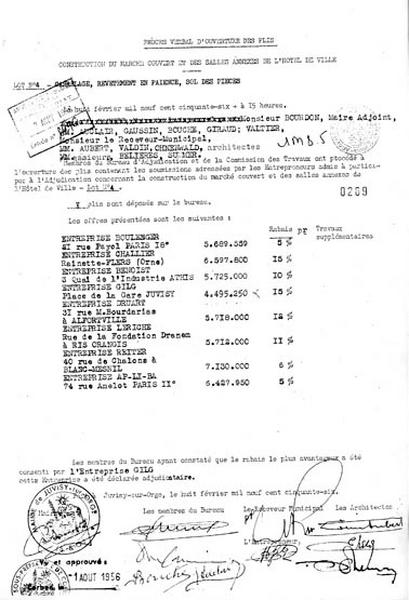 Procès-verbal d'ouverture des plis concernant le marché de revêtement des sols de l'édifice ; 8 février 1956.