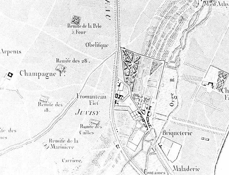 Carte dite des Chasses du roi, extrait de la feuille n°9 (Sceaux) : détail du bourg de Juvisy, entre 1765 et 1768.