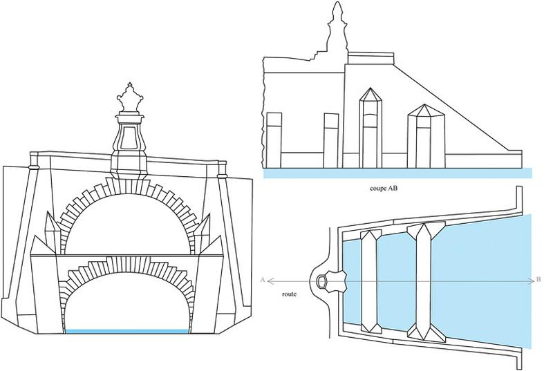 Elévation latérale, demi-coupe transversale et plan partiel du pont des Belles Fontaines d'après F. de Dartein, 'Etudes sur les ponts en pierre remarquables par leur décoration antérieurs au XIXè siècle', Paris, 1907.