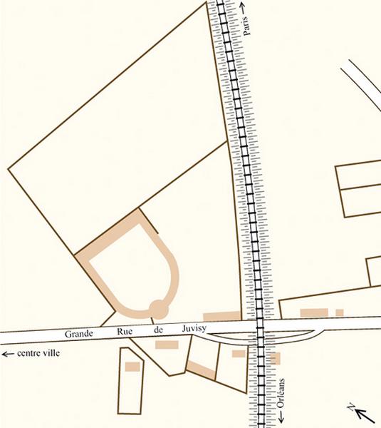 Plan montrant la position respective de la ligne Paris-Orléans, de la Grande Rue et de la ferme de la Maladrerie, d'après un plan de 1872.