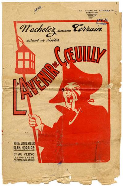 Document publicitaire pour le lotissement l'Avenir de Coeuilly, verso illustré d'un homme criant la bonne nouvelle.