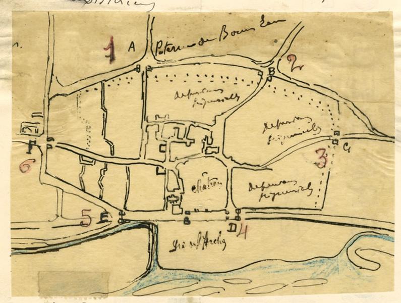 Croquis indiquant l'emplacement présumé de l'ancien château seigneurial.