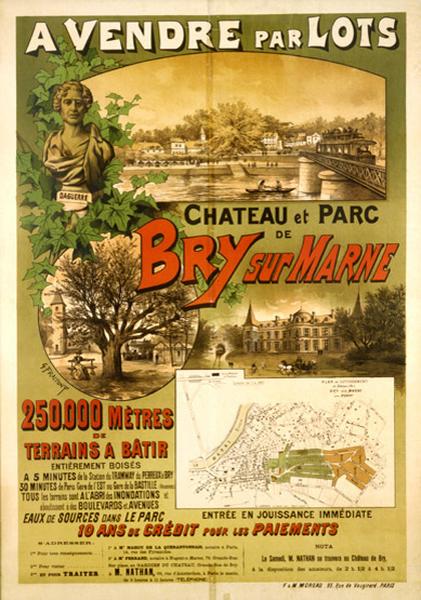 Affiche en couleur: A vendre par lots, château et parc de Bry comprenant un plan du lotissement.