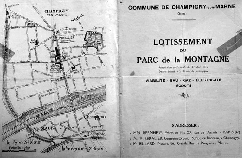 Publicité pour le lotissement du Parc de la Montagne (à l'emplacement de l'ancien théâtre de Nature), verso comprenant le plan de situation du lotissement.
