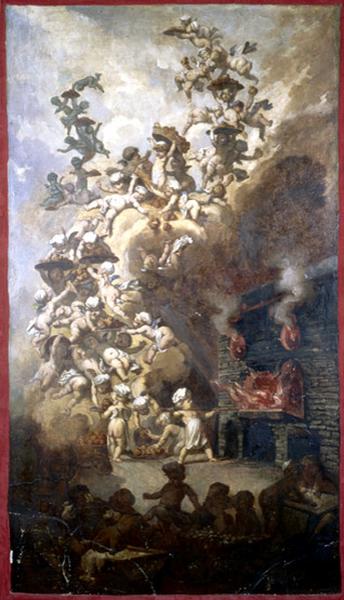 Fresque démontée d'un café de la Grande-Rue au moment de sa démolition et remontée dans le hall de la mairie, représentant un repas pantagruélique de marmousets.