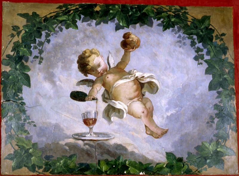 Fresque démontée d'un café de la Grande-Rue au moment de sa démolition et remontée dans le hall de la mairie, représentant un ange ivre.