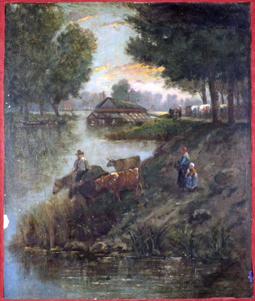 Fresque démontée d'un café de la Grande-Rue au moment de sa démolition et remontée dans le hall de la mairie, représentant du bétail venant s'abreuver dans la Marne, au loin le bateau lavoir.