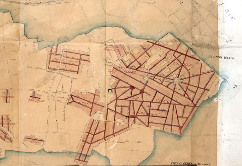 Détail du quartier de Coeuilly du plan localisant en rouge les lotissements défectueux dont l'aménagement est terminé.