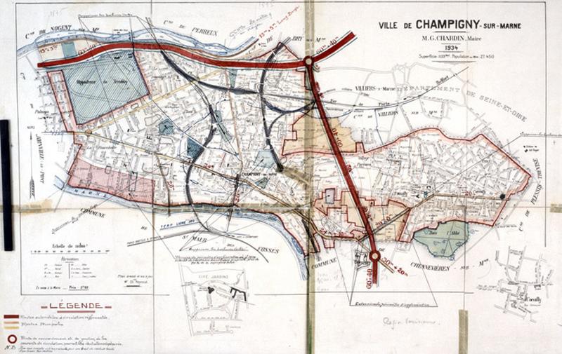 Plan du document d'urbanisme de la ville adopté en 1939 dressé sur un fond de plan de la ville imprimé en 1934.