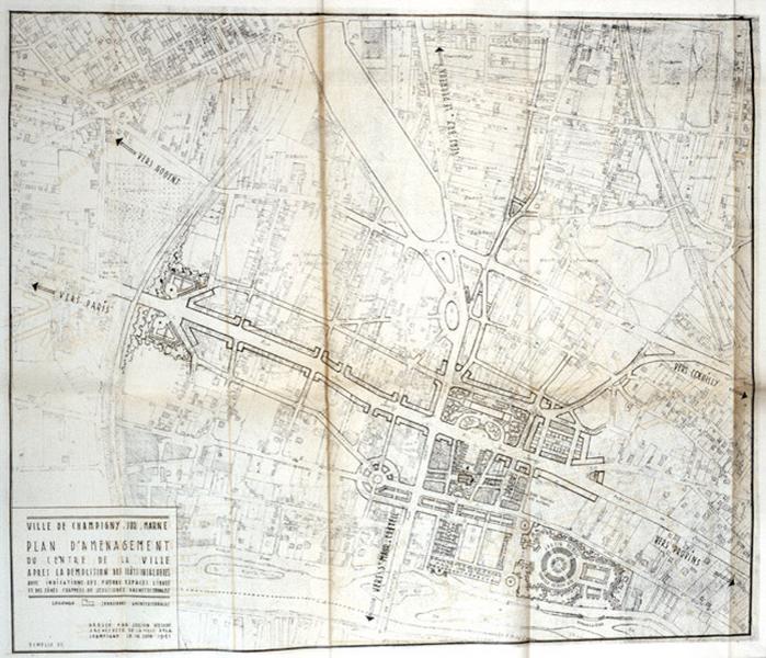 Plan d'aménagement du centre de la ville après la démolition des îlots insalubres avec indications des futurs espaces libres et des zones frappées de servitudes architecturales, dressé par l'architecte municipal Julien Heulot en 1941.