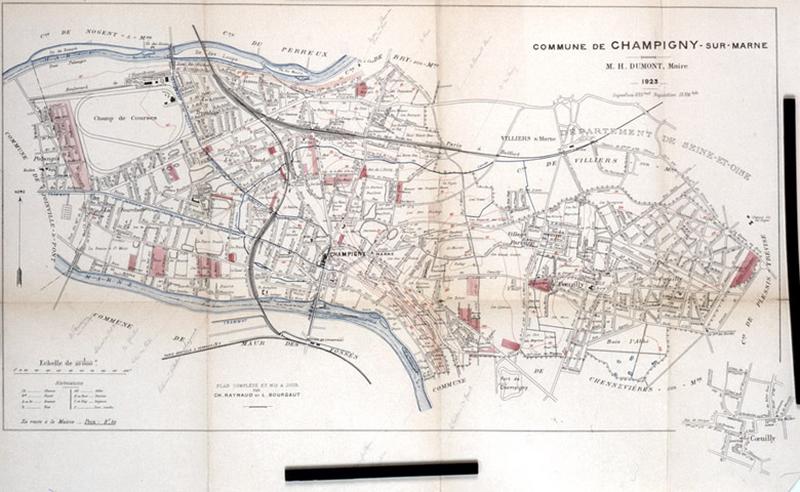 Plan localisant en rouge les lotissements nouveaux, sur un plan imprimé daté de 1923.