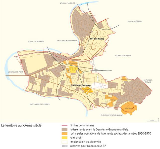 Plan schématique présentant le développement urbain des deux communes au XXe siècle.