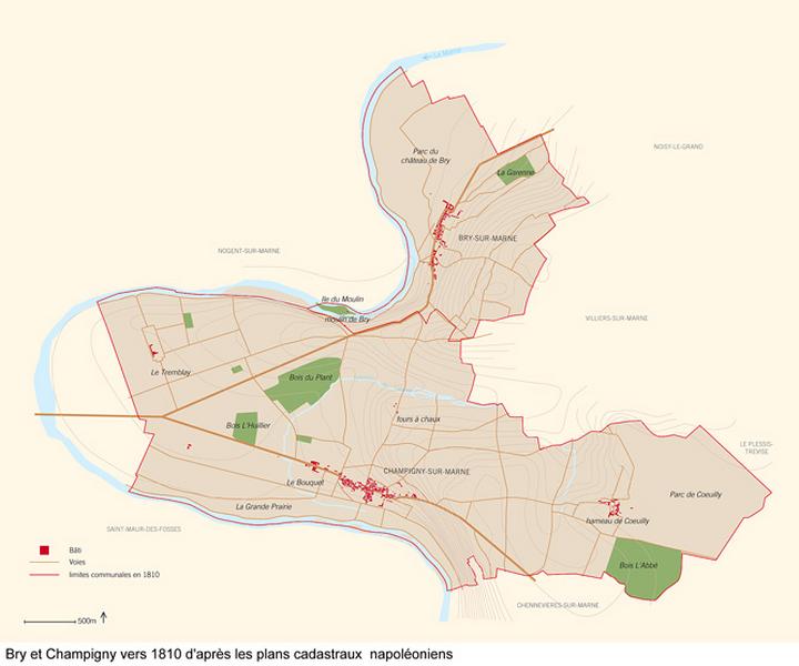 Plan schématique présentant l'état des deux communes vers 1810, d'après les plans cadastraux napoléoniens.