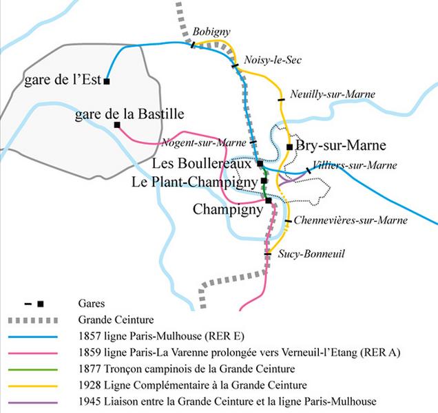 Plan schématique présentant les différents réseaux ferrés qui parcourent les deux communes.
