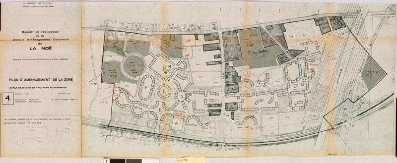 Agence foncière et technique de la région parisienne. Dossier de réalisation de la zone d'aménagement concerté de Chanteloup La Daurade. Plan d'aménagement de la zone, implantation et hauteurs autorisées, mai 1972. Emile Aillaud, architecte.