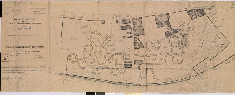 Agence foncière et technique de la région parisienne. Dossier de réalisation de la zone d'aménagement concerté de Chanteloup La Daurade. Implantations et hauteurs autorisées, mai 1972, modifications octobre 1973, approuvé et arrêté par le préfet février 1974. Emile Aillaud, architecte.