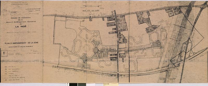Agence foncière et technique de la région parisienne. Dossier de réalisation de la zone d'aménagement concerté de Chanteloup La Daurade. Plan d'aménagement de la zone, servitudes d'utilité publique, mai 1972, revu en octobre 1973, approuvé et arrêté par le préfet en février 1974. Emile Aillaud, architecte. Les tracés hachurés correspondaient à des voies communales.