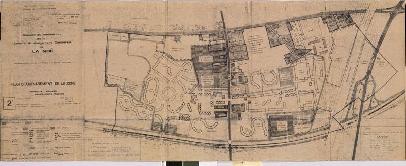 Agence foncière et technique de la région parisienne. Dossier de réalisation de la zone d'aménagement concerté de Chanteloup La Daurade. Plan d'aménagement de la zone, viabilité zonage, équipements publics, mai 1972, approuvé et arrêté par le préfet en février 1974. Emile Aillaud, architecte. Les tracés hachurés correspondaient à des voies communales.