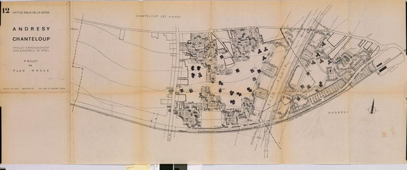 Office d'HLM de la Seine. Andrésy Chanteloup, projet d'aménagement d'un ensemble de 3500 logements. Projet de plan masse, septembre 1965. De nouveau, la cité se déploie à Chanteloup, sur le terrain à l'est de la route de Poissy, et sur Andrésy.