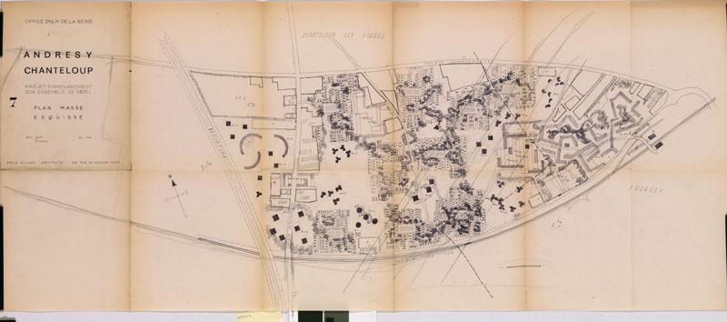 Office d'HLM de la Seine. Andrésy Chanteloup, projet d'aménagement d'un ensemble de 3500 logements. Esquisse du plan masse, déc. 1964, signé Emile Aillaud. La zone nord-est / sud-ouest à réserver pour le passage de l'autoroute est tracée qui coupe litéralement la cité en deux. Les tours et barres alternent avec des zones de maisons patio.