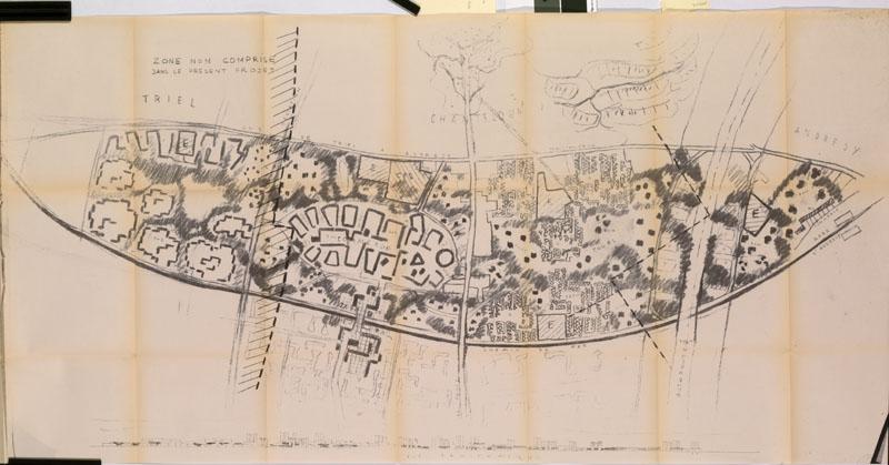Esquisse du plan masse pour un ensemble de 3800 logements, présentant trois zones, l'une sur Triel, la seconde sur Chanteloup et la troisième sur Andrésy, mai 1965. Une nouvelle gare, sur Chanteloup est dessinée. Aucune construction ne figure plus sur la zone réservée à l'autoroute.