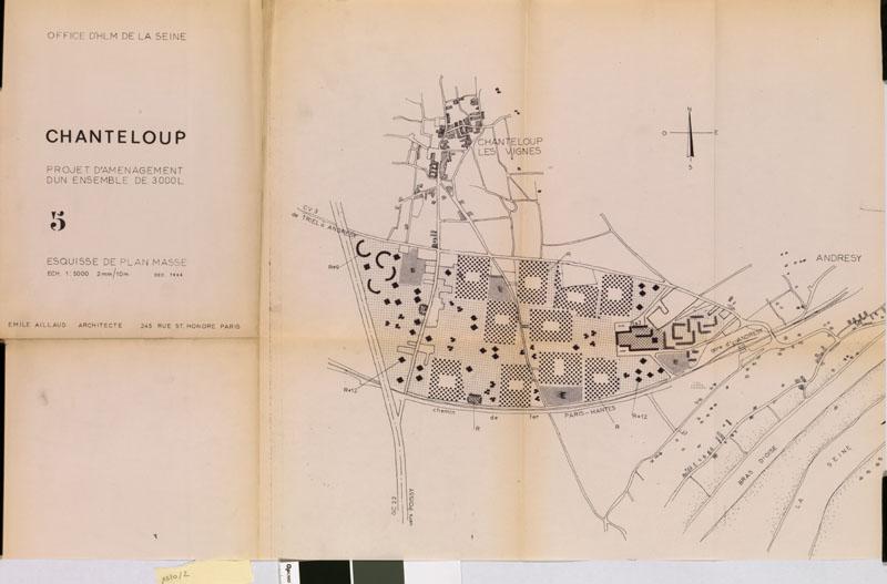Office d'HLM de la Seine. Chanteloup, projet d'un aménagement de 3000 logements. Esquisse du plan masse, déc. 1964, signé Emile Aillaud. Les bâtiments ne s'étendent pas sur la commune de Triel, mais uniquement sur Chanteloup et Andrésy. Une déviation de la route de Poissy (conduisant au village) est dessinée.