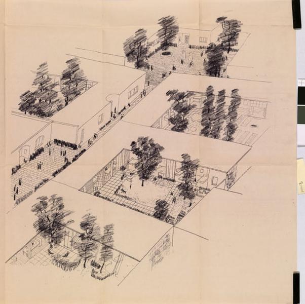 esquisse axonométrie d'un assemblage de maisons patio.