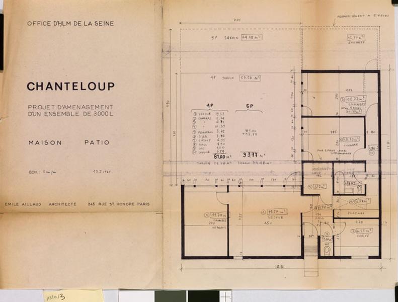 Office d'HLM de la Seine. Chanteloup, projet d'aménagement d'un ensemble de 3000 logements. Maison patio, janvier 1965, signé Emile Aillaud.