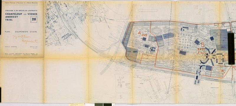 Agence foncière et technique de la région parisienne. Création d'un groupe de logements. Chanteloup les Vignes, Andrésy, Triel. Plan d'équipements divers, 15 fév et 15 juillet 1968, signé Emile Aillaud. Partie de l'ensemble situé à l'ouest de la route de Poissy et jusqu'à Triel. En rouge, sont rajoutés les lots et le nombre de logements par lot.