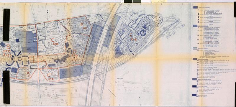Agence foncière et technique de la région parisienne. Création d'un groupe de logements. Chanteloup-les-Vignes, Andrésy, Triel. Plan équipements divers, 15 fév et 15 juillet 1968, signé Emile Aillaud. Partie de l'ensemble situé à l'est de la route de Poissy et jusqu'à Andrésy. En rouge, sont rajoutés les lots et le nombre de logements par lot.