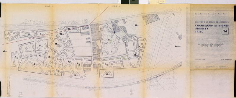 Agence foncière et technique de la région parisienne. Création d'un groupe de logements. Chanteloup les Vignes, Andrésy, Triel. Répartition des logements, nombre de niveaux, janvier 1970, signé Emile Aillaud. Voir par exemple le bâtiment serpentin H qui s'échelonnait de 3 à 14 niveaux.