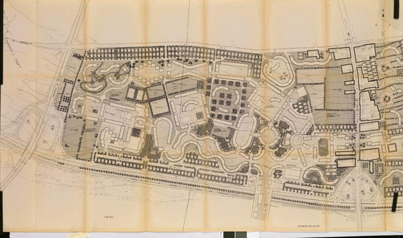 Agence foncière et technique de la région parisienne. Création d'un groupe de logements. Chanteloup-les-Vignes, Andrésy, Triel. Plan masse, octobre 1968, signé Emile Aillaud. Partie de l'ensemble situé à l'ouest de la route de Poissy et jusqu'à Triel. Cette zone ne comprend que du collectif et déjà une bonne partie des bâtiments qui seront finalement réalisés. Les parcelles que l'agence foncière n'a pas pu acquérir sont bien matérialisées.